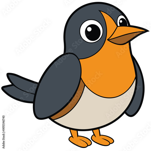 Cartoon robin bird stands, sporting orange chest and grey feathers in a cute style