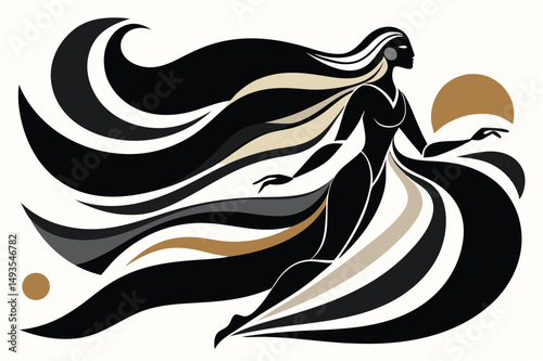 Elegant vector illustration of a graceful woman dancing with flowing ribbons in an artistic style, showcasing fluid movement and creativity