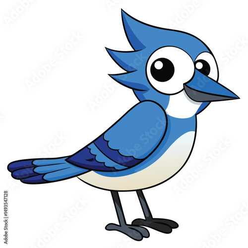 Animated blue jay bird stands cheerfully with its head crest and cartoonish big eyes