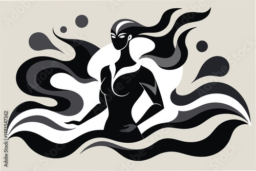 Elegant vector illustration of a graceful woman dancing with flowing ribbons in an artistic style, showcasing fluid movement and creativity