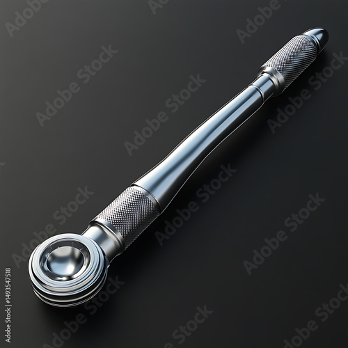 Metallic hand drill with knurled grips rests on a dark, clean background
