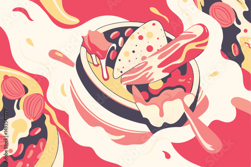 Abstract illustration of vibrant food elements on a plate suitable for restaurant design