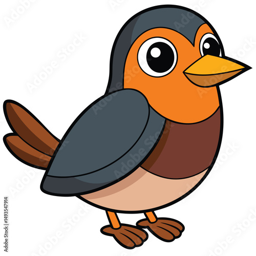 Charming little cartoon bird with bright orange chest and large eyes stands alone