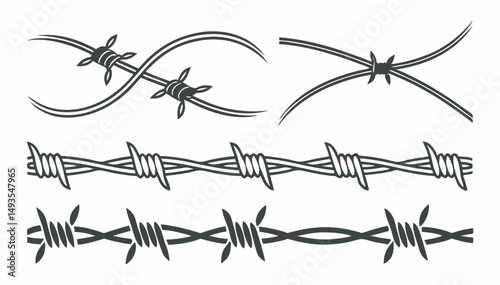 Vector set of barbed wire silhouettes for border and fence designs