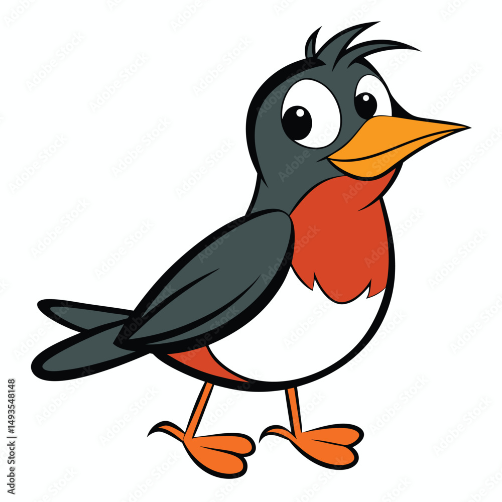 Obraz premium A cartoon robin with gray wings and orange chest curiously stands alone