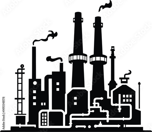 Industrial Factory Silhouette Featuring a Complex Manufacturing Plant with Multiple Chimneys Emitting Smoke, Large Piping Systems, and Structured Buildings, Representing Industry, Production
