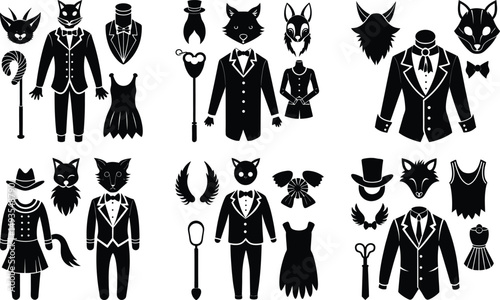 Elegant black and white silhouettes of formal attire with animal masks and costume elements