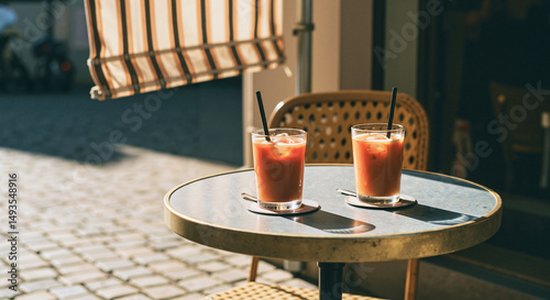 Two iced drinks on round café table under summer sunlight