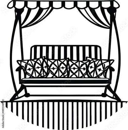 Cozy Patio Swing Silhouette Featuring a Cushioned Seat Suspended Beneath a Striped Canopy, Representing Outdoor Relaxation, Comfort, and Stylish Garden Seating