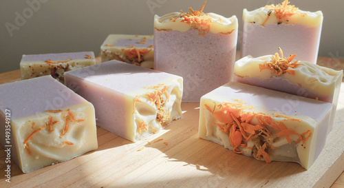 Handmade soap bars with dried flowers on wooden surface in natural light