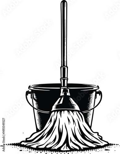Cleaning Tools Silhouette Featuring a Mop Resting Inside a Bucket, With a Long Handle and Simple Design, Representing Household Cleaning, Hygiene, and Practical Home Maintenance
