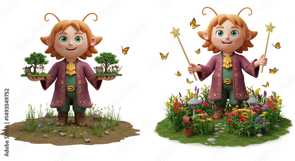 Fototapeta premium A cheerful cartoon elf holding miniature gardens, butterflies fluttering around a vivid scene.