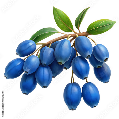 Close up of a sprig of blue honeysuckle berries with leaves