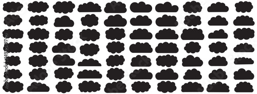 Black abstract cloud illustration set. Cute fluffy, bubbly clouds collection.  Vector set of clouds shapes. Abstract comic weather elements. Objects cloudscape for game. Black  cloud icon vector set.