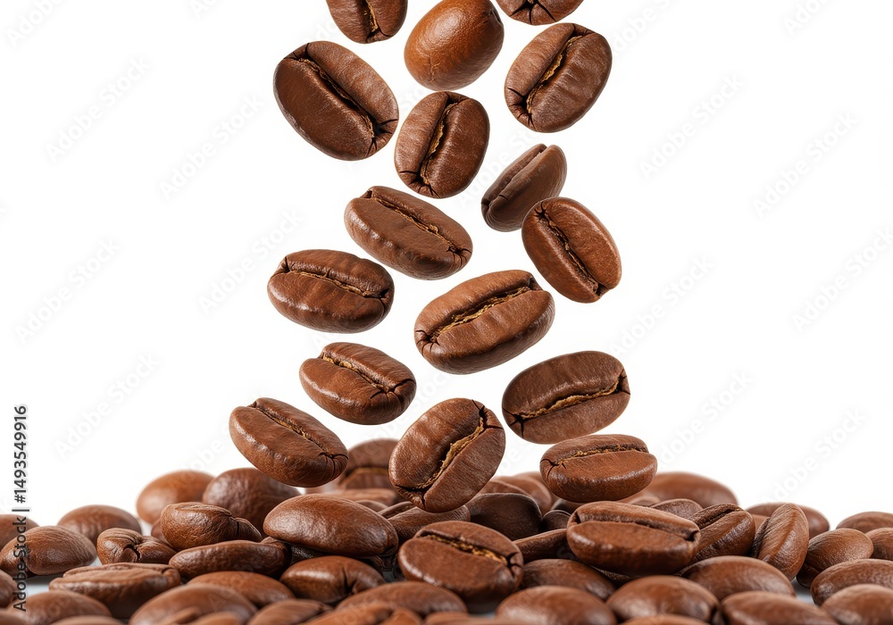 Obraz premium Falling roasted coffee beans isolated on white background, brown color