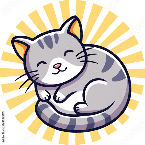 Adorable cartoon cat in a curled position with sunburst design smiling and feeling peaceful
