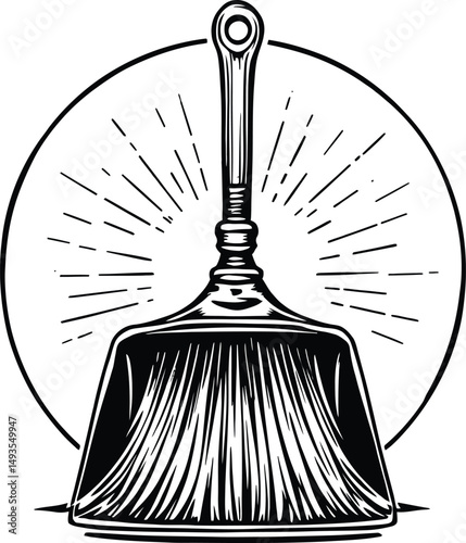 Cleaning Essentials Silhouette Featuring a Broom and Dustpan Positioned Inside a Circular Frame with Radiating Lines, Representing Tidiness, Home Maintenance, and Practical Utility in Household Care