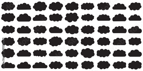 Black abstract cloud illustration set. Cute fluffy, bubbly clouds collection.  Vector set of clouds shapes. Abstract comic weather elements. Objects cloudscape for game. Black  cloud icon vector set.