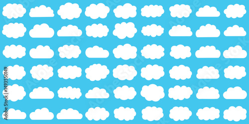 White abstract cloud illustration set. Cute fluffy, bubbly clouds collection.  Vector set of clouds shapes. Abstract comic weather elements. Objects cloudscape for game. White cloud icon vector set.