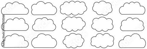 Black abstract cloud illustration set. Cute fluffy, bubbly clouds collection.  Vector set of clouds shapes. Abstract comic weather elements. Objects cloudscape for game. Black  cloud icon vector set.
