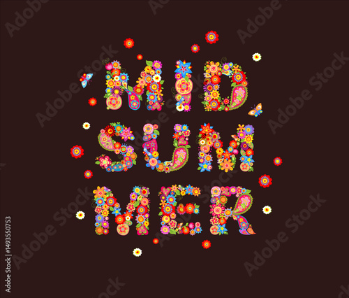 Night before Ivan Kupala. Colorful Flowers midsummer lettering on dark background for tshirt and bag print, holiday poster