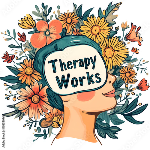 A cartoon head with blooming flowers labeled 