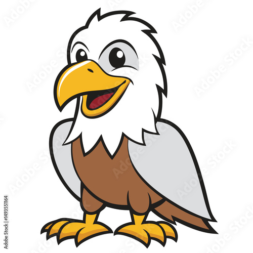 A cheerful cartoon eagle with white feathers and golden beak smiles warmly at the viewer