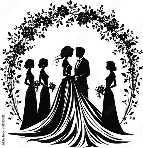 Elegant Wedding Ceremony Silhouette Featuring a Bride and Groom Standing Gracefully Under a Floral Arch, Surrounded by Bridesmaids Holding Bouquets, Capturing the Essence of Love, Celebration