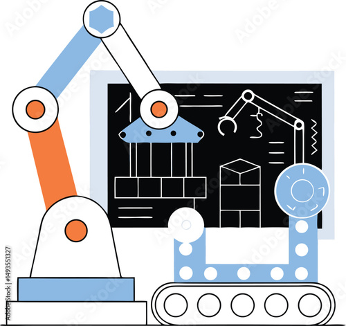 Automated industrial robotic arm with blueprints and machine component diagram