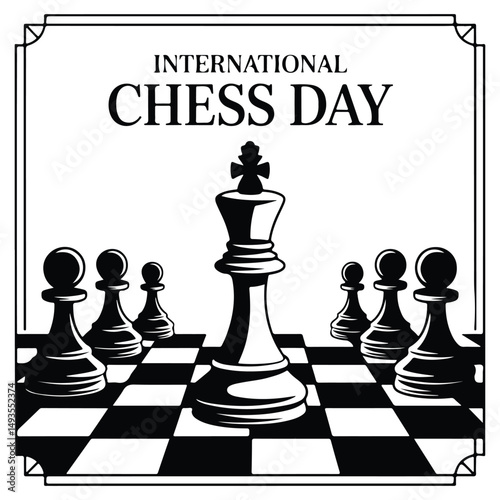 International chess day celebration featuring king and pawns on a classic chessboard illustration