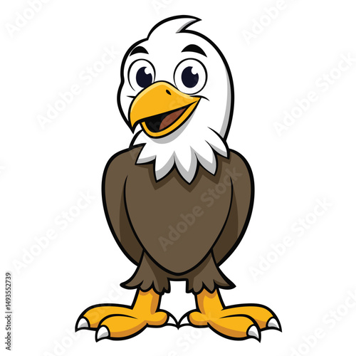 Adorable cartoon eagle with a white head and brown body stands smiling cheerfully