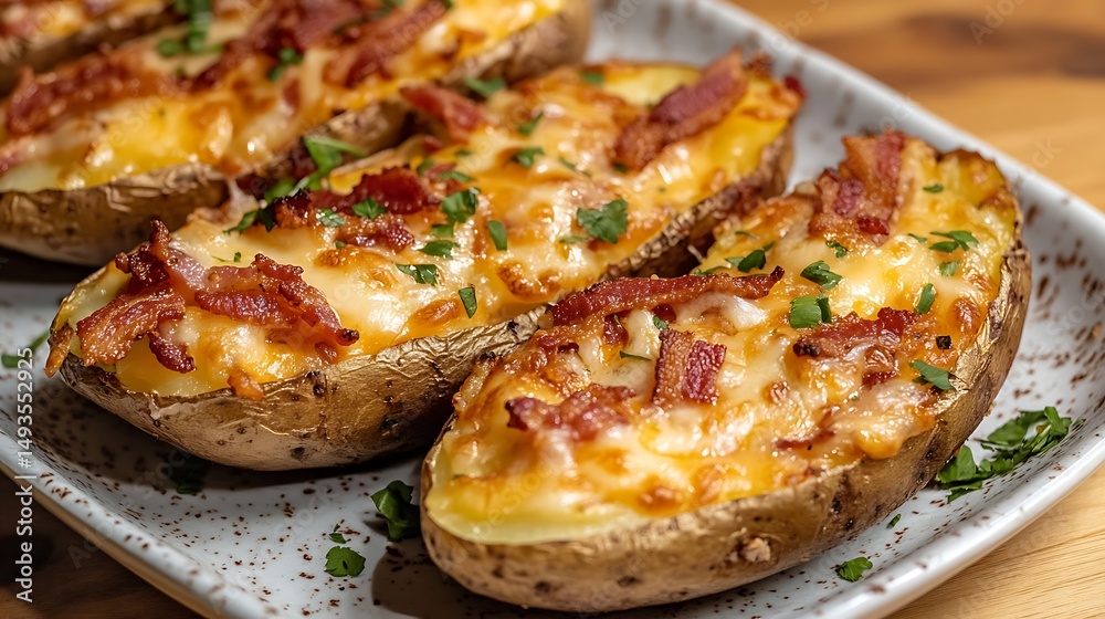 A plate of loaded potato skins with bacon and melted cheese A plate of loaded potato skins with bacon and melted cheese