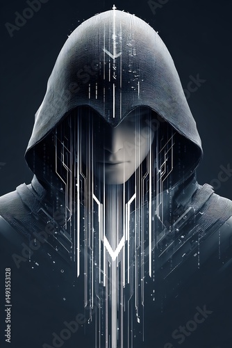 Mysterious hooded figure with futuristic digital augmentations in the shadows
