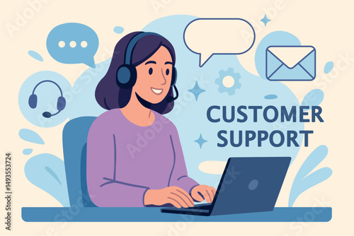 Flat vector illustration of smiling female customer support operator with headset and laptop. Perfect for websites, call centers, help desks, business services, or tech support platforms, vacancies