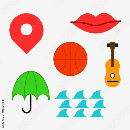 A collection of random flat style icons including location pin, lips, basketball, guitar, umbrella, and sea waves. Perfect for infographic elements, mobile apps, web design, UI/UX kits, and educationa