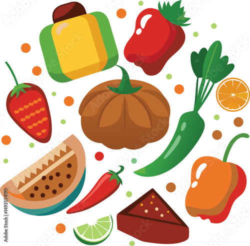 Colorful food illustration with variety of vegetables and fruits perfect for healthy lifestyle concepts
