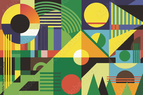 Colorful geometric abstraction with various shapes and vivid hues perfect for creative designs