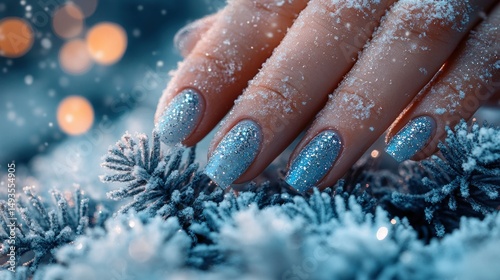 Winter nails adorned with glittering blue and snowy details