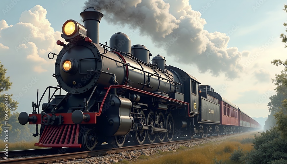 Naklejka premium Steam Train on Track Under Cloudy Sky