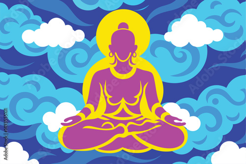 Colorful meditation illustration of a seated figure with clouds suitable for various design projects