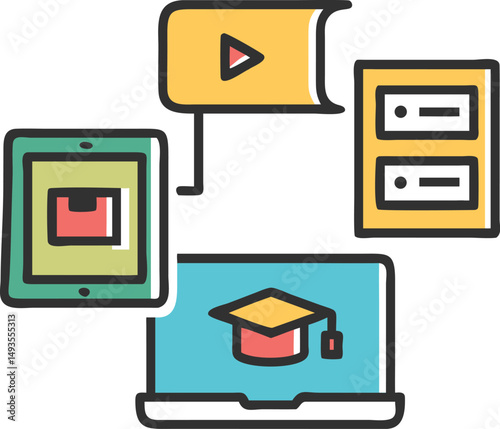 Colorful online education concept depicting learning devices and graduation cap on a laptop