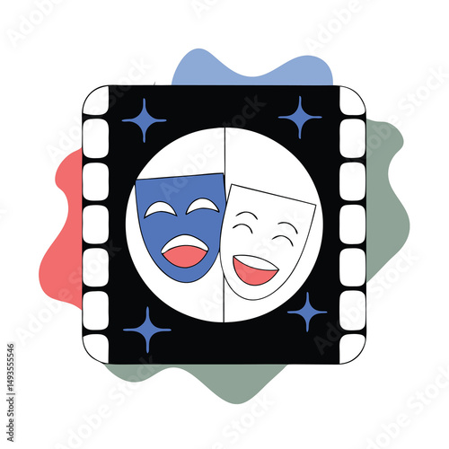 Comedy and tragedy masks in filmstrip with abstract decorative elements illustration