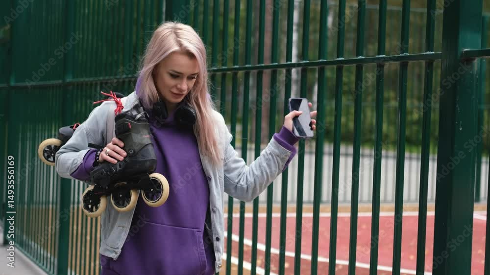 Beautiful blonde woman walking through city park holding roller skates enjoying beautiful day