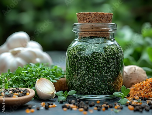 Green spice mix in glass jar