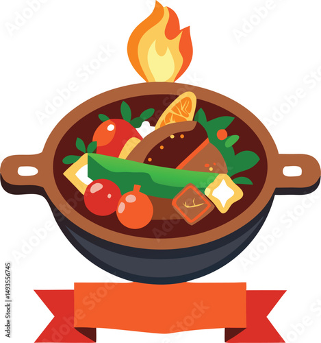 Deliciously illustrated dish served with a flaming decoration and a decorative ribbon banner