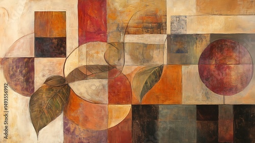 Abstract composition of geometric shapes and organic forms.