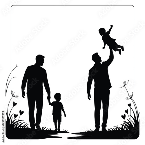 Black silhouette vector illustration depicts a loving family with a father, mother, son, and daughter, their shadows suggesting a tender dance of parenthood and childhood
