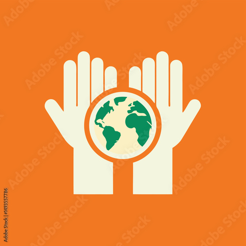 Earth held in hands symbolizing global care and environmental awareness in a simplified graphic