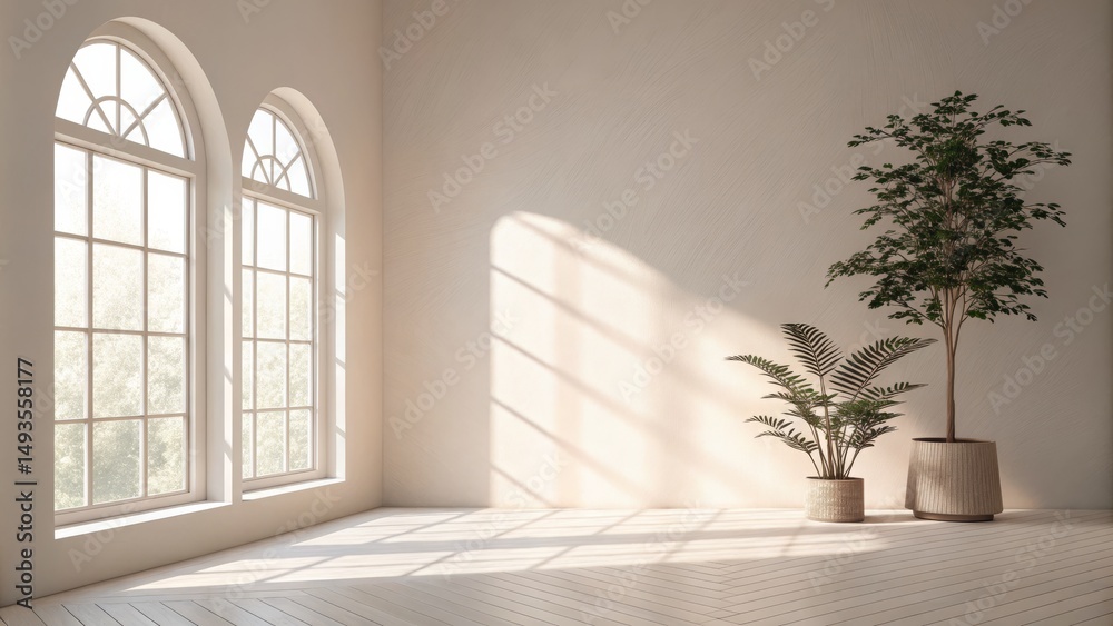 Fototapeta premium Bright Minimalist Room with Arch Windows and Plants, Interior , Design