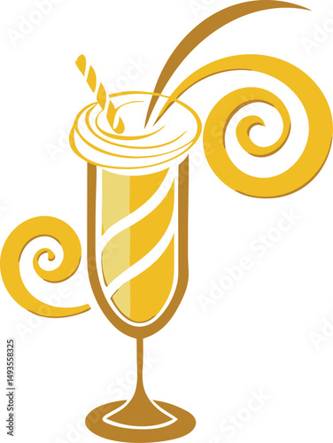 Elegant golden cocktail illustration with swirls and straw depicted on a transparent background